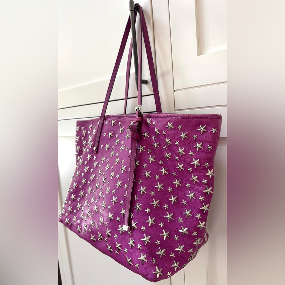JIMMY CHOO Star Studded Pink Magenta Fushia Leather Tote Large Shoulder Bag - Picture 4 of 12